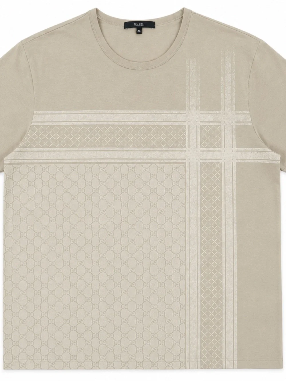 Gucci Men's Cream Short Sleeve Logo-Pattern Tee with Tonal Stripes